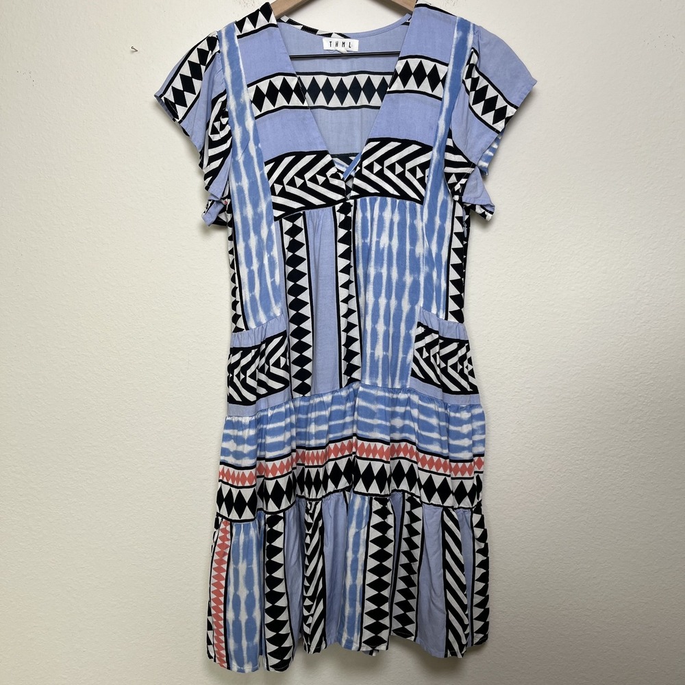THML Women‎ Mini Dress XS Blue Southwestern Western Aztec Tiered V-Neck Summer